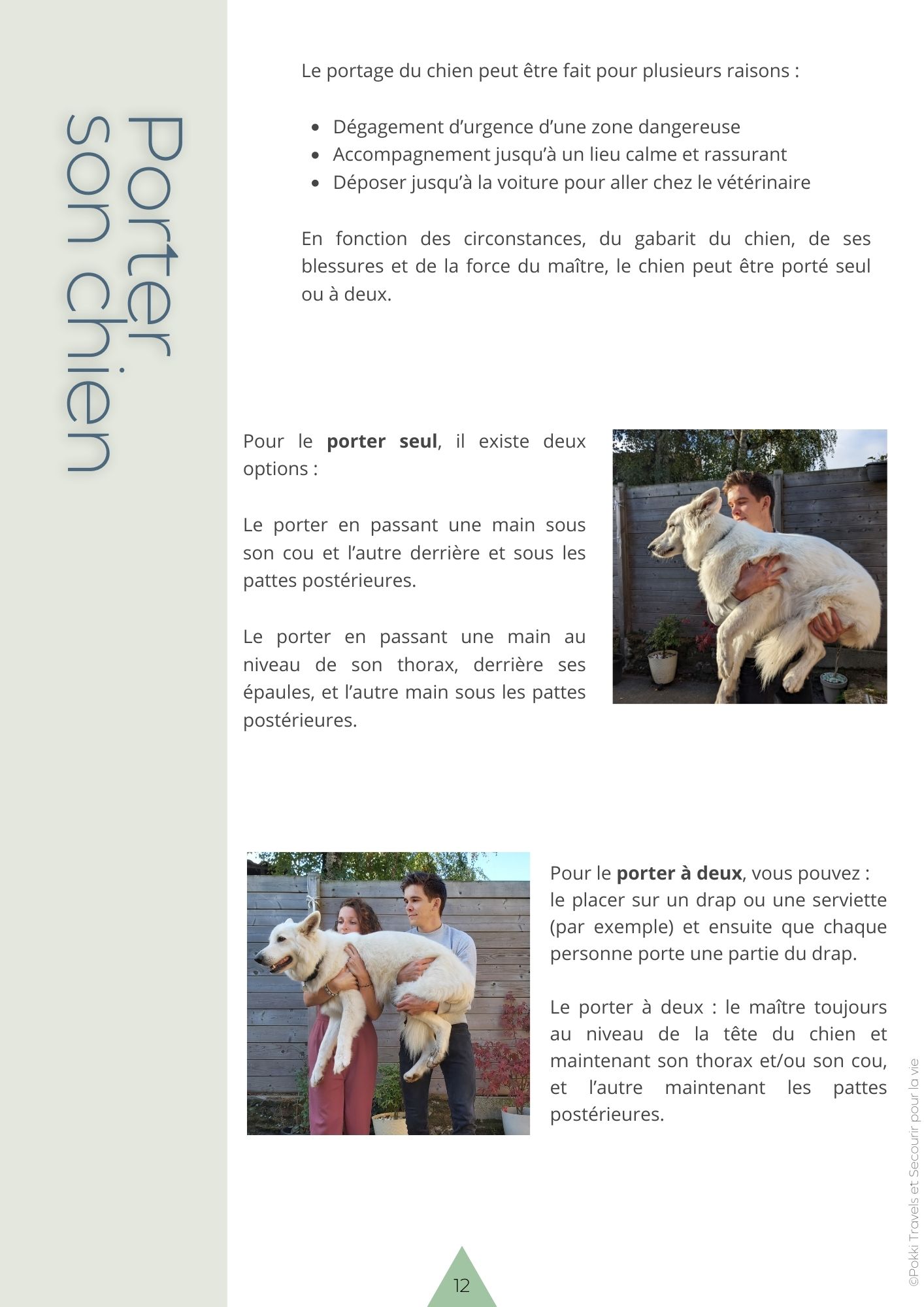 Page d'example du livret de premiers secours canins, montrant comment porter son chien